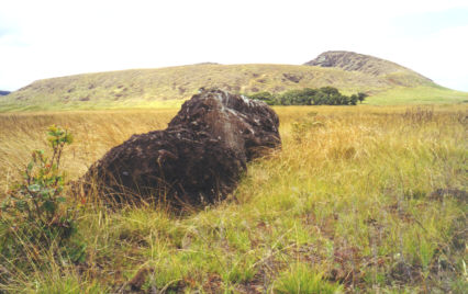 Another moai, lying on his side, Rano Raraku in the backgoround